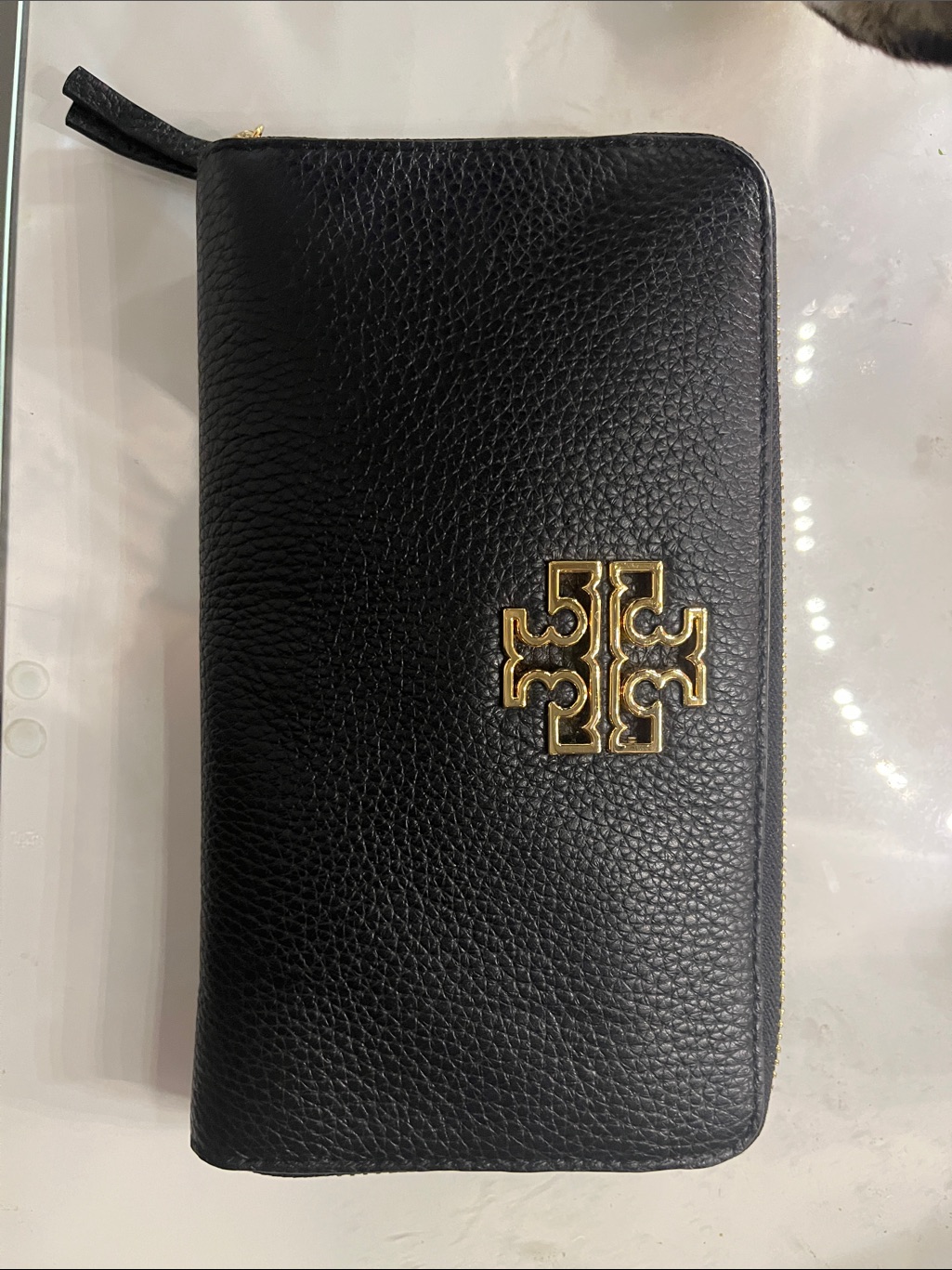 Tory Burch Black Pebbled Leather Zip-Around Wallet With Gold Logo